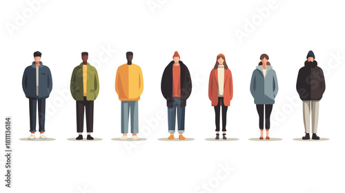 Diverse group of young adults in casual winter clothes. Modern flat vector illustration of diverse people standing in contemporary fashion.