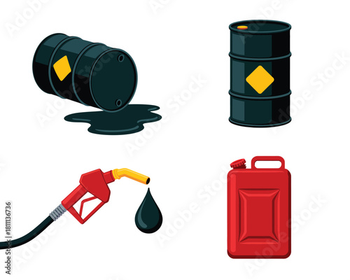 Oil barrels fuel pump and jerrycan representing petroleum industry and fuel supply