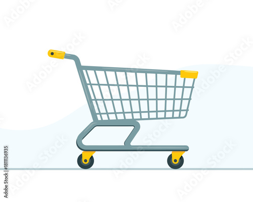 Empty metal shopping cart with yellow accents on a white background