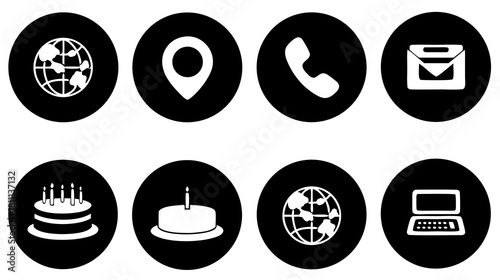 Black and white communication, contact, web, and celebration icons set. Minimalist flat design vector graphics for business and events.