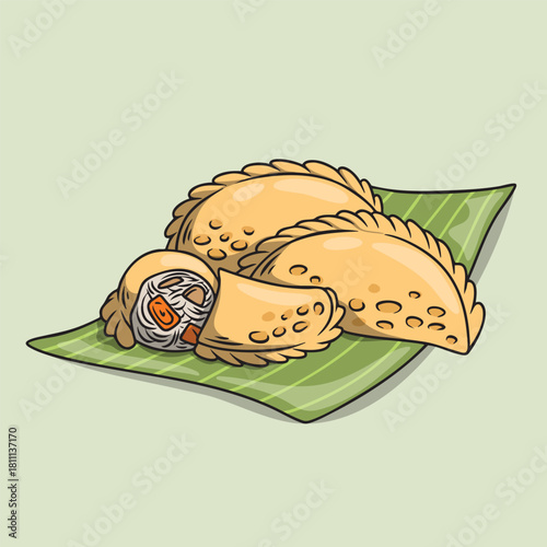 Illustration of Indonesian Food Jalangkote on Banana Leaf