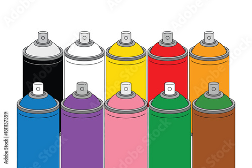 Collection of colorful aerosol spray paint cans arranged in two rows
