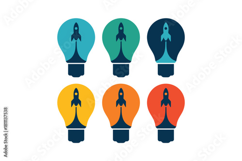 Colorful lightbulbs with rockets launching inside representing innovation and ideas