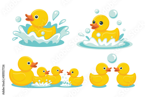 Cute cartoon yellow rubber ducks splashing and playing in water