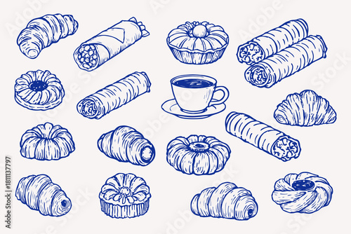 Hand Draw Doodle Brush Crayon Bakery Set. Charcoal Pencil Buns, Croissants, Shawarma, Cheesecakes, Pies and Pastries. Cute Crayon Paint Pastries for Food, Menu, Café Design. Vector Illustration