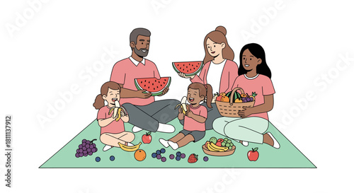Joyful diverse family enjoys a vibrant summer picnic sharing healthy fruits and creating cherished memories together outdoors
