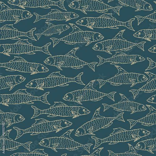 Fish Seamless Pattern in Hand Drawn Sketch Style. Sea Wallpaper Template Design for Prints, Patterns, Fabric. Fish Sardines Minimalist Art Line Wallpaper Design. Vector Illustration