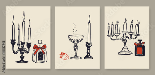 Romantic Dinner Poster Set. Wine and Сandelabrum Background Design. Romantic Symbol Prints in Sketch Crayon Style. Vector Illustration. Vintage Minimalist Line Art Drawing.