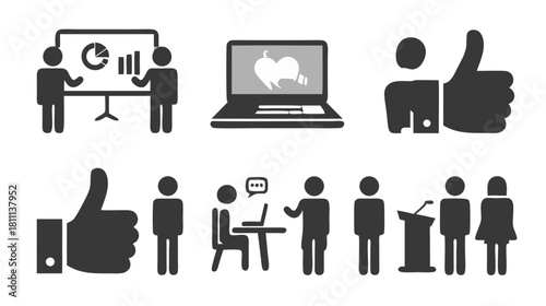 Black and white business communication icons set with presentation, teamwork, public speaking, digital interaction, and approval symbols.