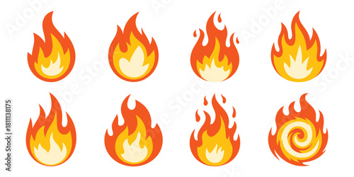 Collection of eight stylized cartoon fire flames in various shapes and sizes