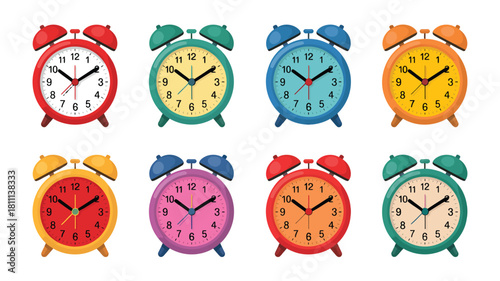 Collection of colorful vintage alarm clocks arranged in two rows