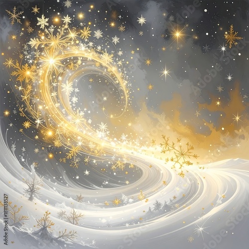Golden snowflake swirl over wintery landscape