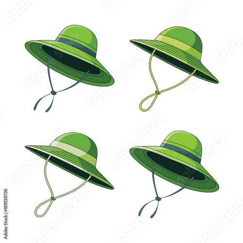 Four green sun hats with chin straps isolated on white background