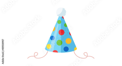 A festive blue party hat with colorful polka dots, ready for celebration.