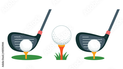 Golf clubs and balls on tees ready for play