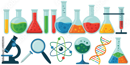 Collection of scientific laboratory equipment and symbols for education and research