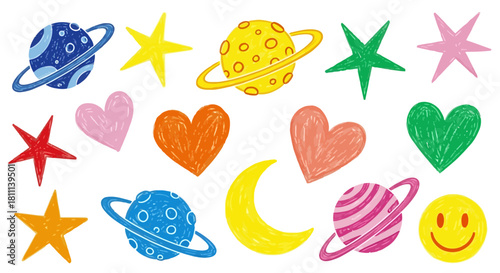 Colorful hand-drawn celestial bodies, stars, hearts, and a smiling face.