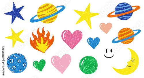 Colorful hand-drawn illustrations of planets, stars, hearts, fire, moon, and a smiley face.