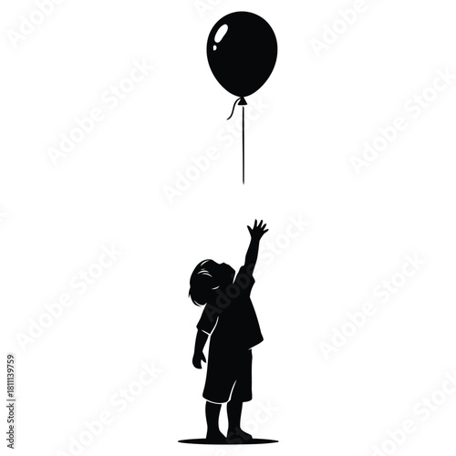 Touching Silhouette of a Child Reaching for a Balloon, Evoking Nostalgia and Lost Dreams, Ideal for Themes of Childhood, Hope, and Remembrance