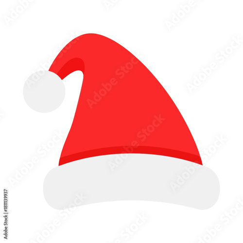 A festive red Santa hat with white trim and a pom-pom, isolated.
