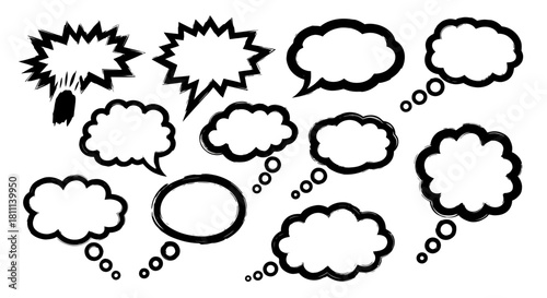 Collection of diverse, empty speech bubbles, ready for text, isolated on white.