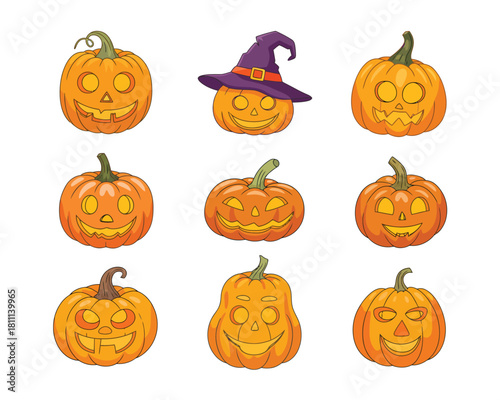 Collection of nine spooky and happy halloween carved pumpkins