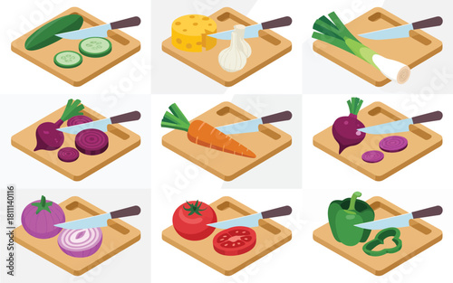 Collection of fresh vegetables being chopped on wooden cutting boards with knives