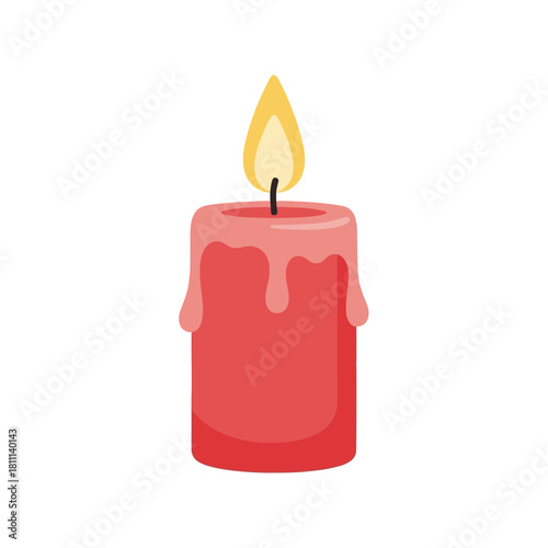 Illustration of a lit red candle with dripping wax, isolated on a white background.