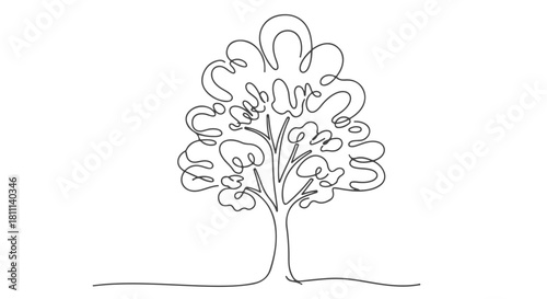 Minimalist single continuous line art of a lush tree, symbolizing nature and growth, an elegant one-line drawing illustration and vector graphic c.eps