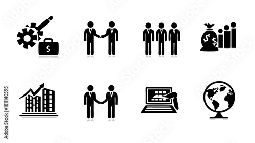 Business and Finance Vector Icons Set. Global partnership, investment, strategy, teamwork, and digital economy symbols.