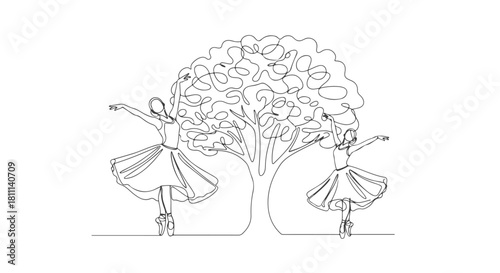 Two graceful ballerinas dancing around a large tree in a beautiful single continuous line art illustration, a minimalist vector design concept d.eps