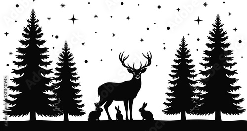 Deer and rabbits silhouette in pine forest, night landscape vector with stag and stars, winter nature background