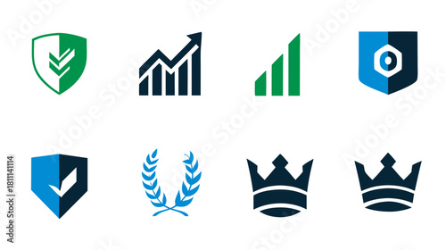 Diverse graphic icon collection featuring shields, growth charts, signal indicators, laurel wreaths, and crowns for business, security, and success concepts