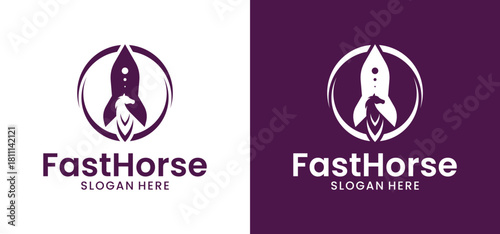 Illustration of a logo design combining a rocket with a horse. Vector icon of a rocket with a horse head symbolizing speed.
