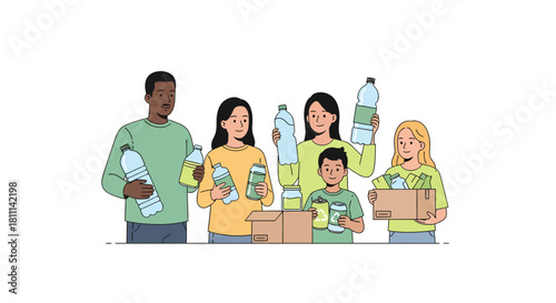 Diverse family actively participates in recycling efforts, collecting plastic bottles and cans for a greener planet