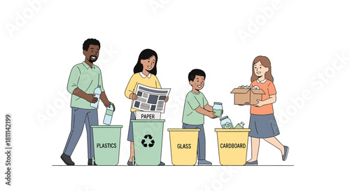 Happy diverse family actively recycling plastics paper glass and cardboard together promoting environmental sustainability and healthy living