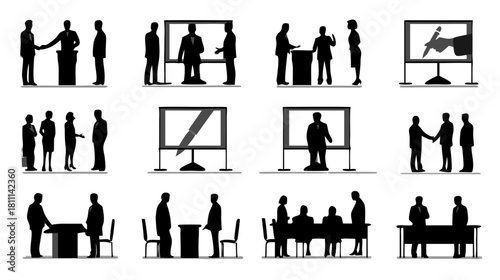 Business People Silhouettes Set: Meetings, Presentations, Handshakes & Negotiations. Corporate Communication & Teamwork Vector.