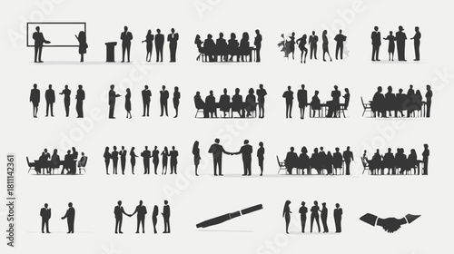Large collection of diverse business people silhouettes for meetings, presentations, teamwork, agreements, and corporate events.