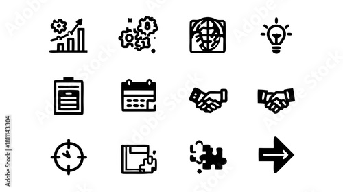 Business Strategy and Project Management Icons Set: Growth, Ideas, Planning, Goals, Partnership, Process