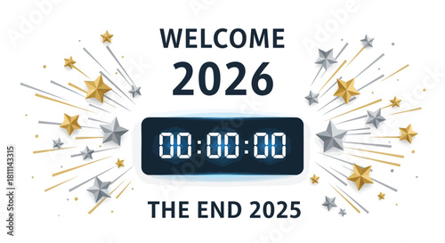 Celebrate the arrival of the new year 2026 with a digital countdown clock and sparkling starbursts signifying the end of 2025