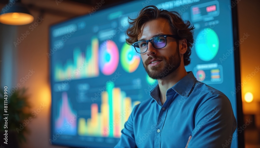 Obraz premium Young man in glasses stands near big screen with colorful charts. He works in office near digital data. Pro leader analyzes company success.
