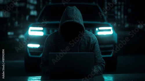 Intense hooded hacker using laptop with car headlights illuminating dark city street at night, portraying digital crime and cybersecurity risks