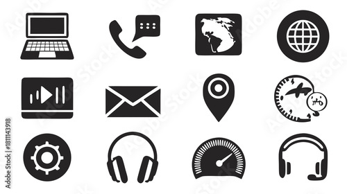 Universal Web & Technology Icons Set: Digital Communication, Internet Services, Media, Global Travel, Customer Support, Settings Symbols