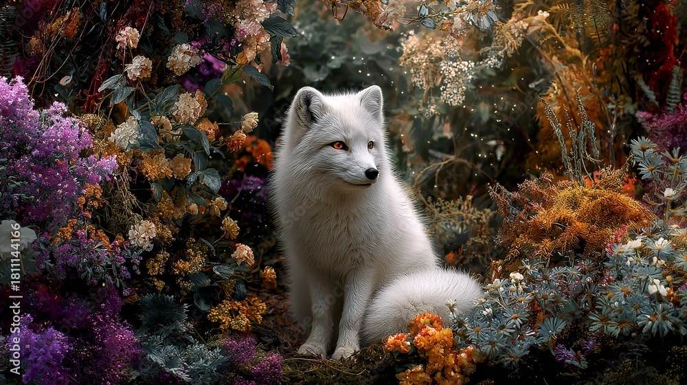 Fototapeta premium Enchanting white fox in a magical floral forest wonderland evoking fantasy and dreams, perfect for children's books or whimsical designs