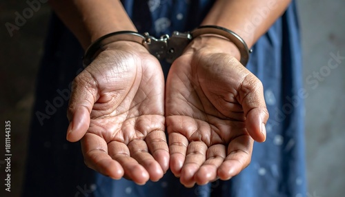 Close-up view of a person's hands restrained by handcuffs, palms facing up, against a textured background. The focus is on the metal cuffs
