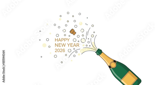 Happy new year 2026 celebration with a champagne bottle popping cork and bubbles exploding in a festive design