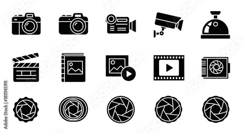 Versatile collection of essential photography and videography tools, media production elements, and camera lens symbols for creative design projects