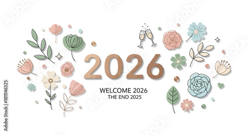 Happy new year 2026 celebration with champagne glasses and delicate floral decorations welcoming the new year and bidding farewell to 2025