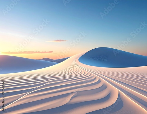 Fototapeta Naklejka Na Ścianę i Meble -  Serene desert landscape, dunes gently rolling toward a horizon, bathed in a warm sunset glow beneath a clear, gradient sky