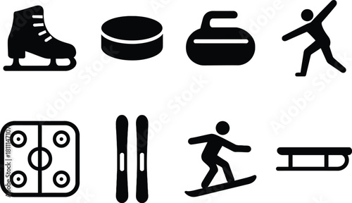 Winter Sports Icon Set , Ice Skate Symbol , – Black Silhouettes of Ice Skate, Hockey, Curling, Figure Skating, Skiing, Snowboarding, and Sledding for Seasonal and Athletic Designs
